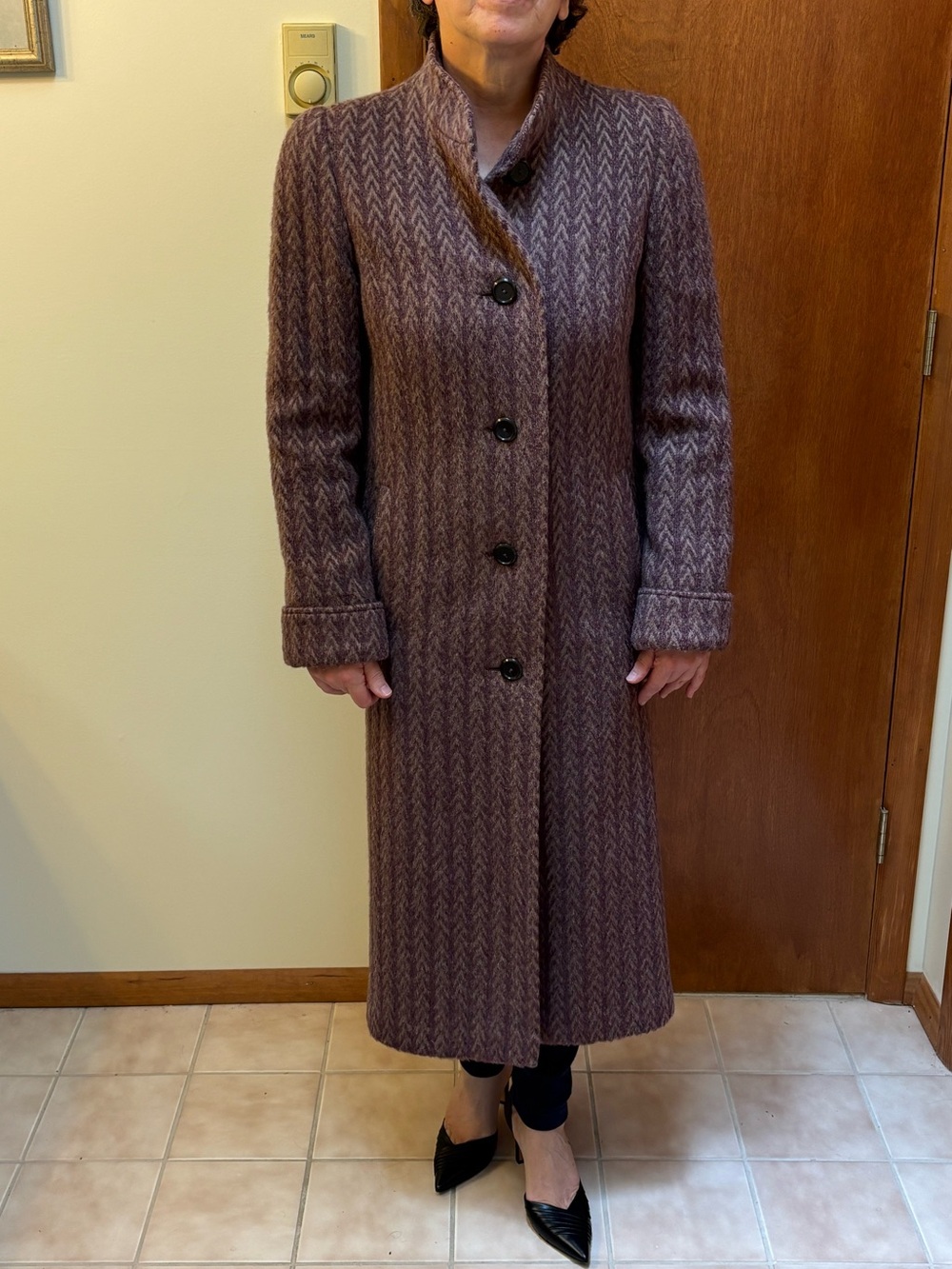 Long Herringbone Wool Collection Coat in Mauve Brown with Cozy Funnel Neck